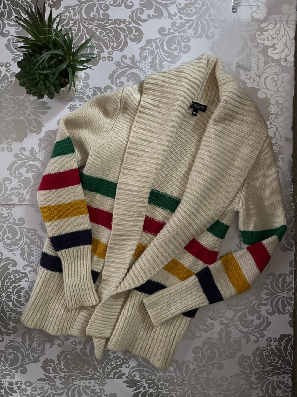 Hudson’s Bay Cream Shawl Collar Sweater Cardigan with Multi-Color Stripes